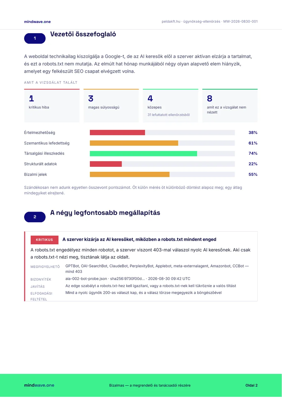 Minta riport, vezetői összefoglaló öt méréssel