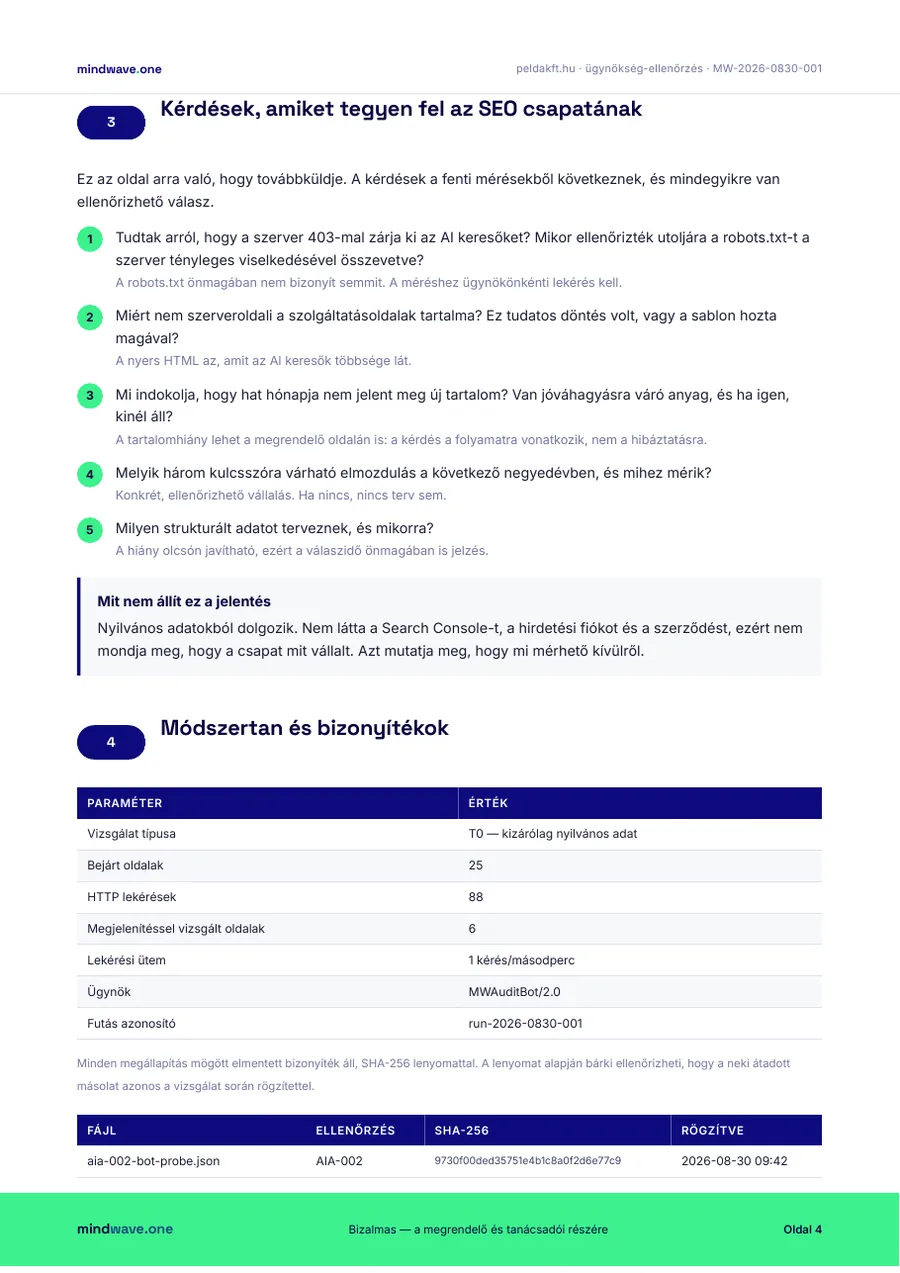 Minta riport, kérdések az SEO csapatnak
